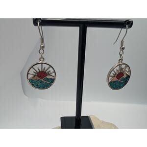 sunset mountain dangle costume earrings turquoise like Inlay Red Blue stones
